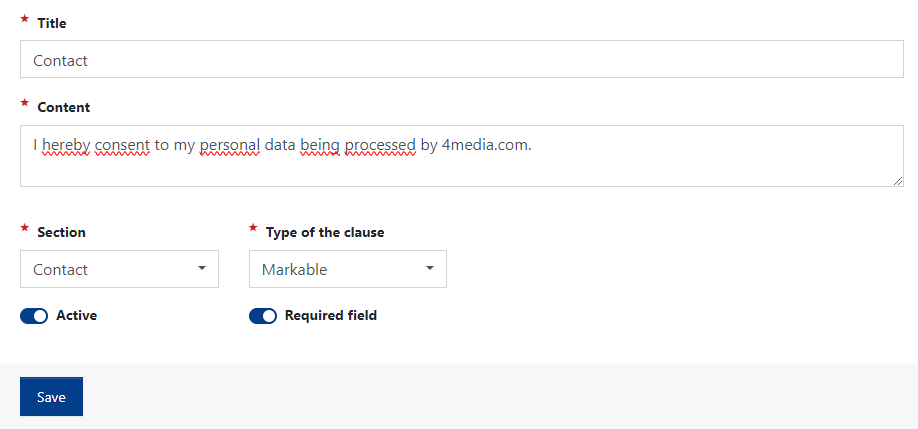 Contact form consent for processing data