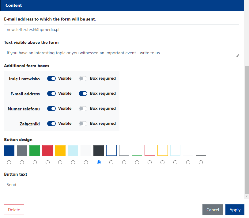 Content settings for the Contact Us widget (contact form)