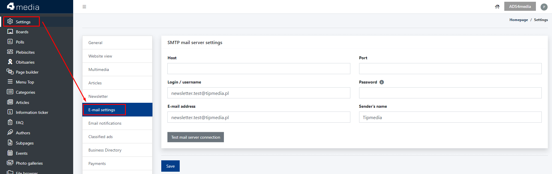 Email settings - the email address of the form sender