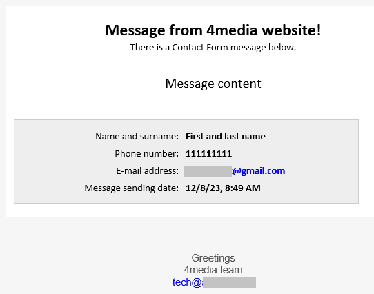 Screen of a message from the contact form to the email address configured in the widget. Screenshot from the Microsoft Outlook email program.