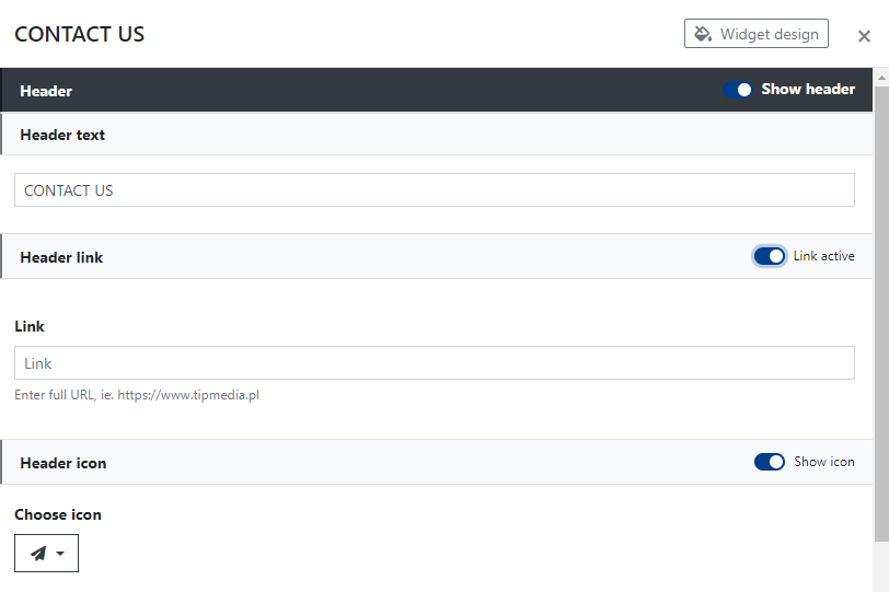 Header settings for the Contact Us widget (contact form)