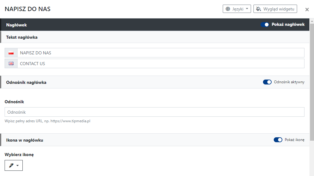 Ustawienia nagłówka widgetu Napisz do nas (formularz kontaktowy)