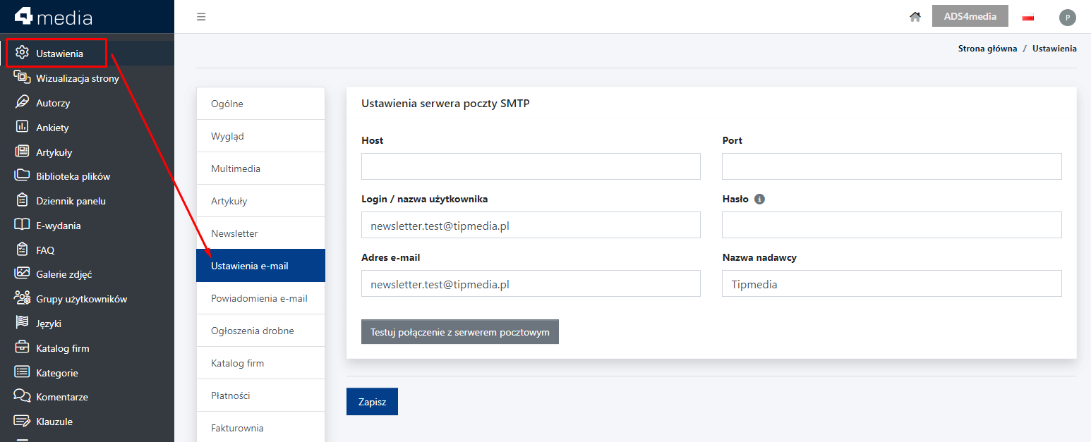 Ustawienia e-mail, czyli adresu mailowego Nadawcy formularza