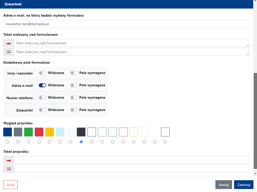 Ustawienia zawartości widgetu Napisz do nas (formularza kontaktowego)