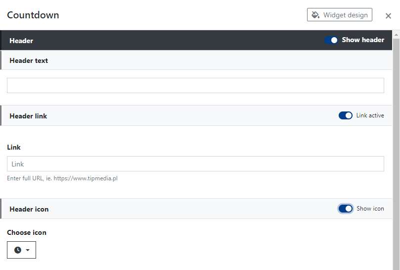 Countdown Widget Header Settings
