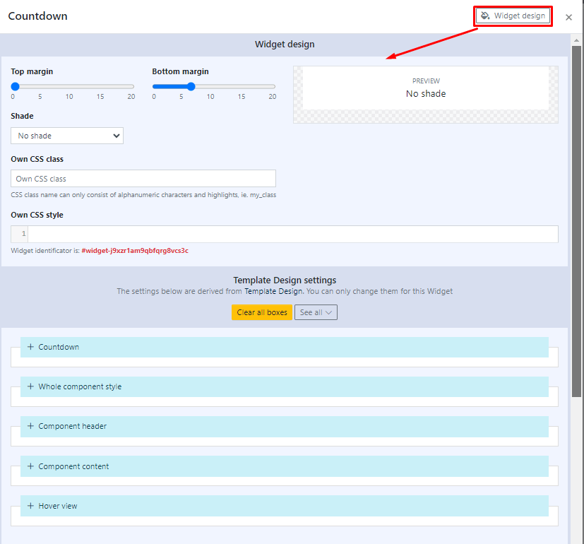 Countdown Widget Settings available by clicking the "Widget Design" button