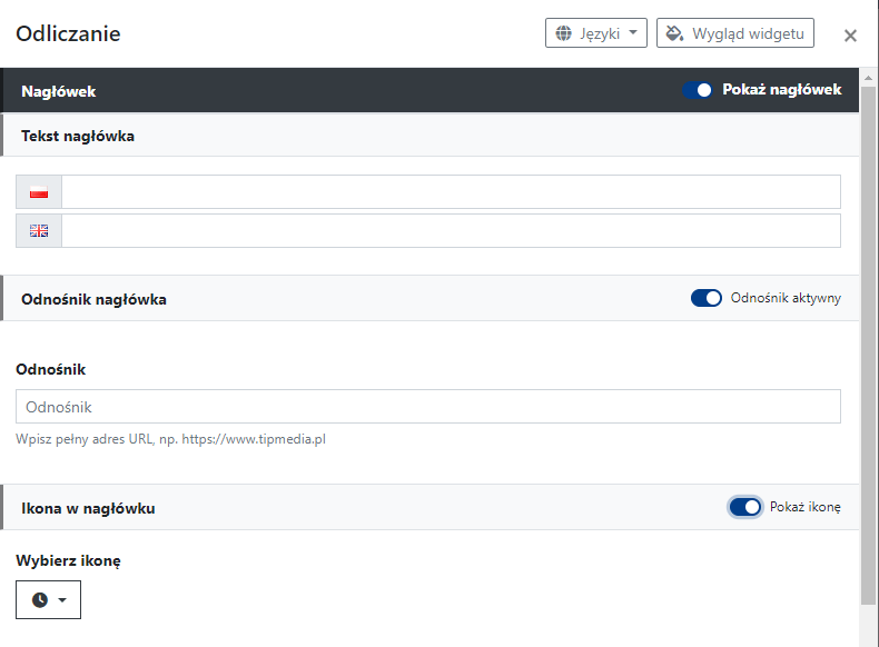 Ustawienia Nagłówka widgetu Odliczanie