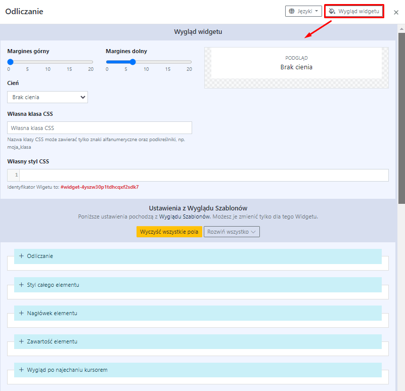Ustawienia widgetu Odliczanie dostępne po kliknięciu w przycisk “Wygląd widgetu”