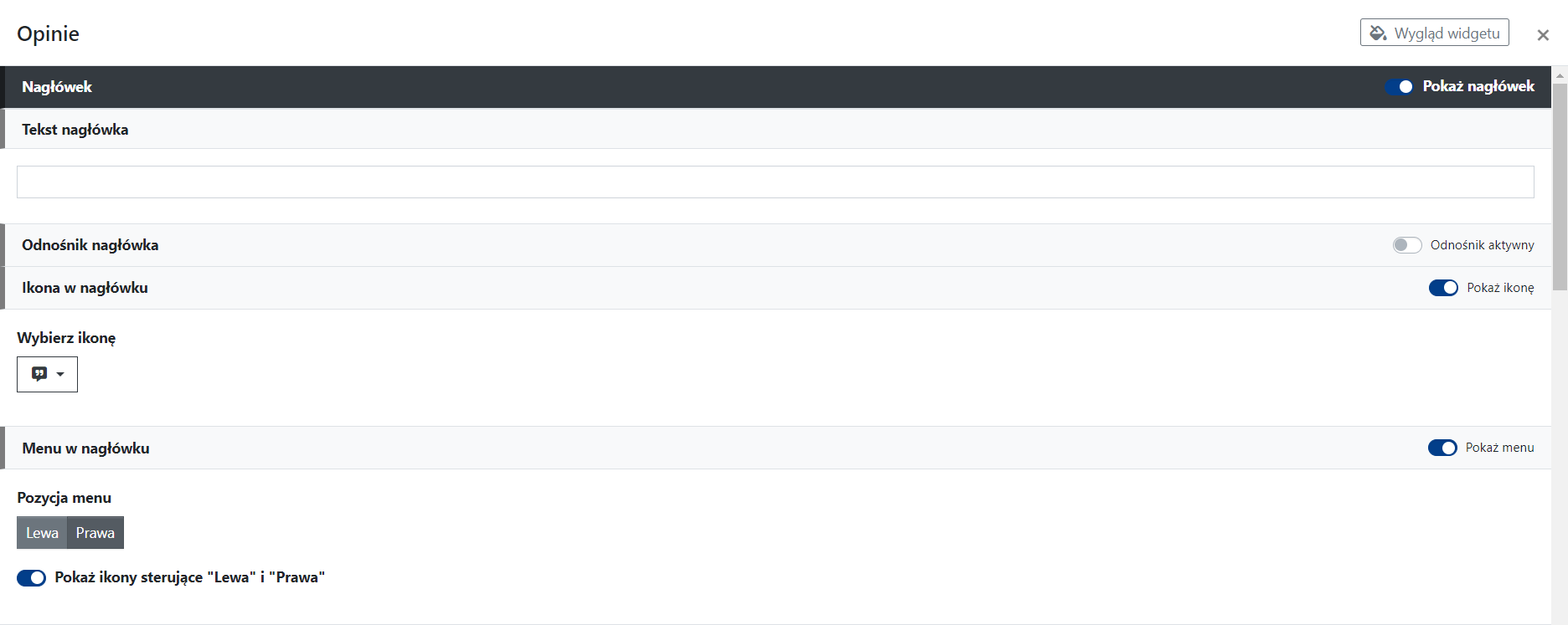 widget opinie ustawienia nagłówka