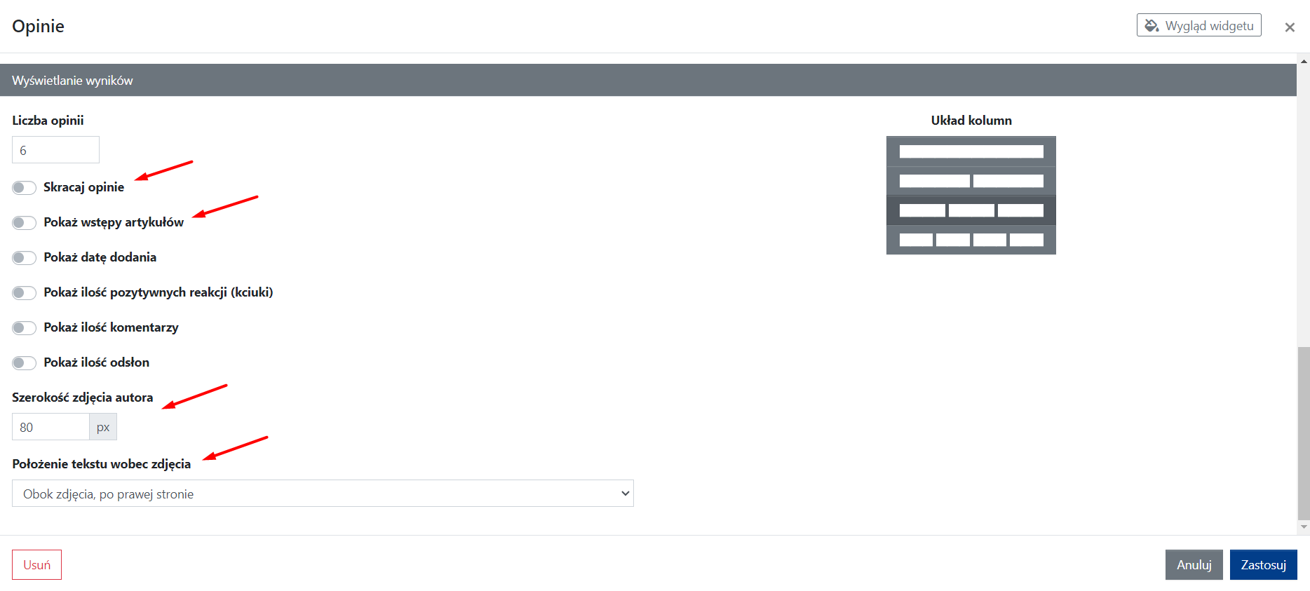 Ustawienia zawartości widgetu Opinie: Wyświetlanie wyników