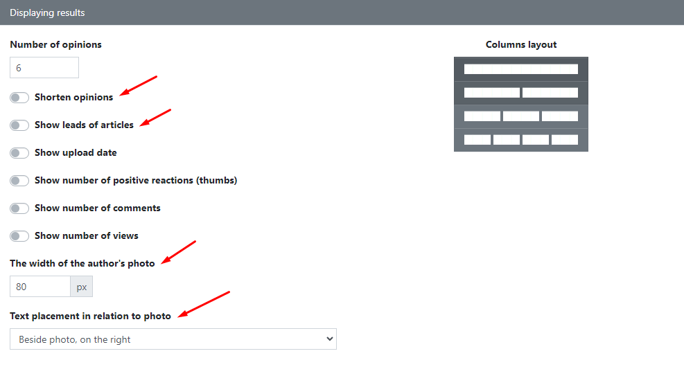 Content settings for the Opinions widget: Displaying results.