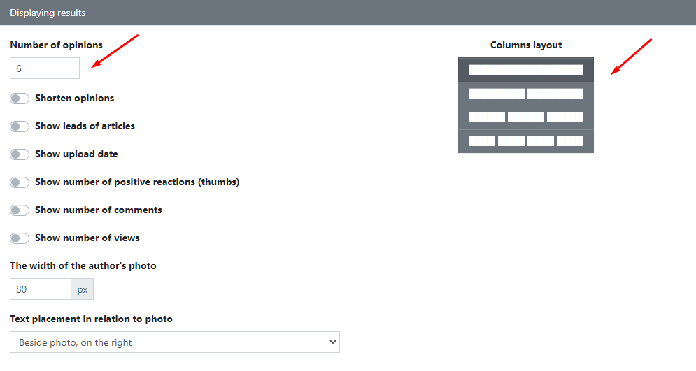 Content settings for the Opinions widget: Displaying the results