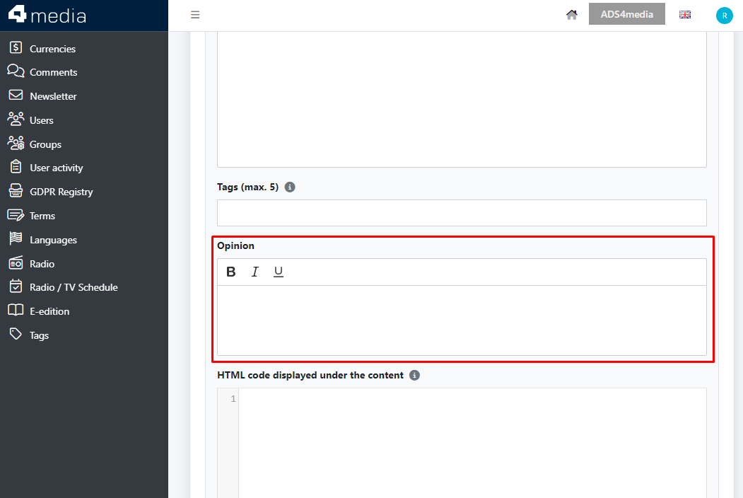 Opinion - here the author can enter his opinion about the article (when editing or adding an article in CMS)