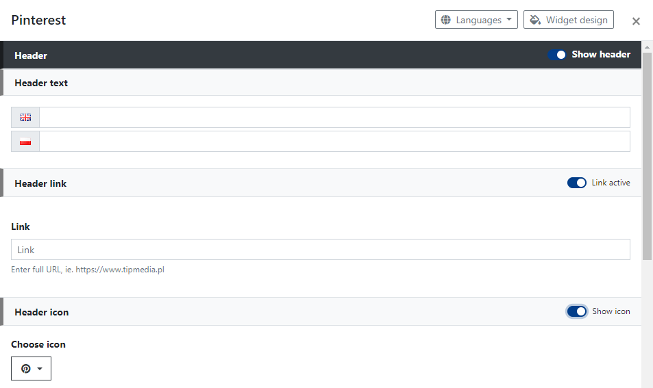 Pinterest Widget Header Settings
