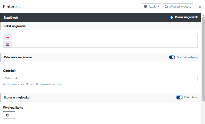 Ustawienia nagłówka widgetu Pinterest