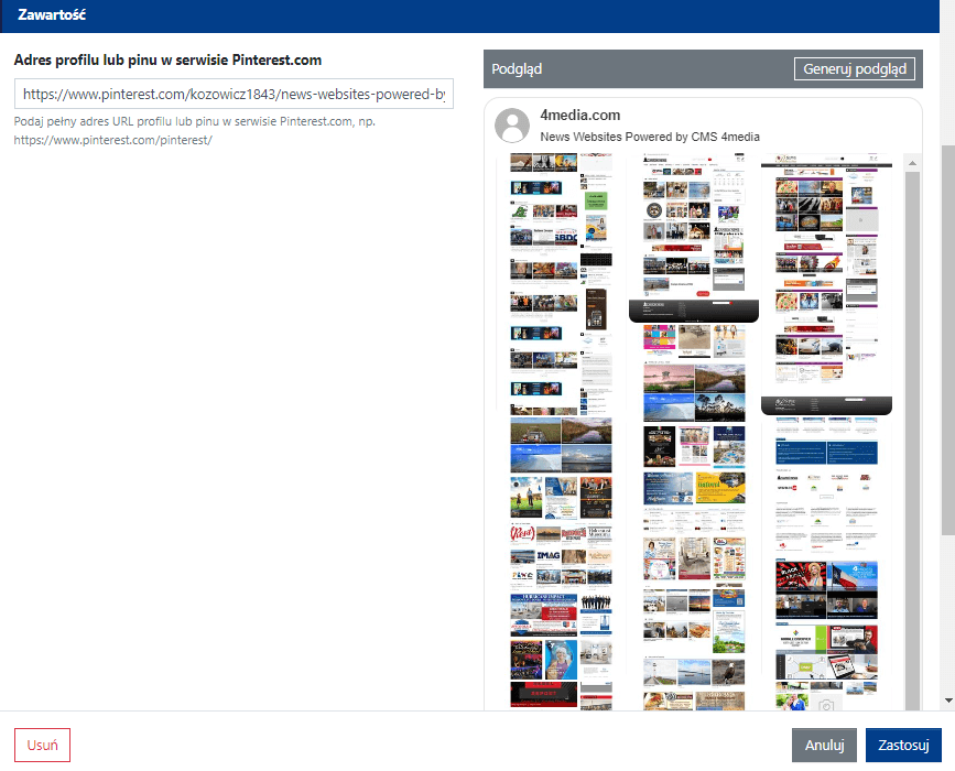 Ustawienia zawartości widgetu Pinterest