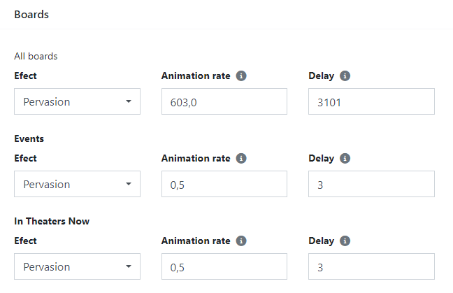 Settings for effects and animation of boards in CMS 4media can be found in Settings → Boards