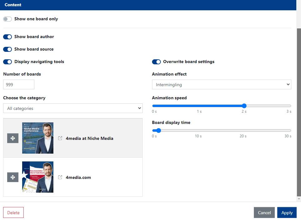 Boards Widget Content Settings