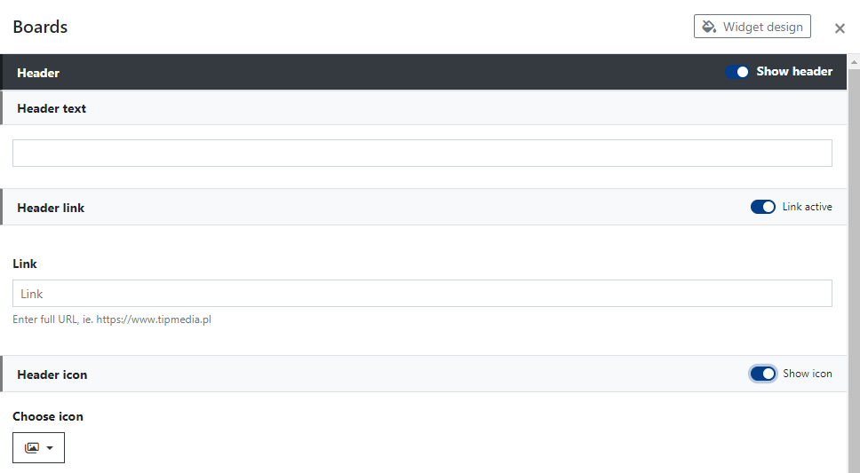 Boards Widget Header Settings