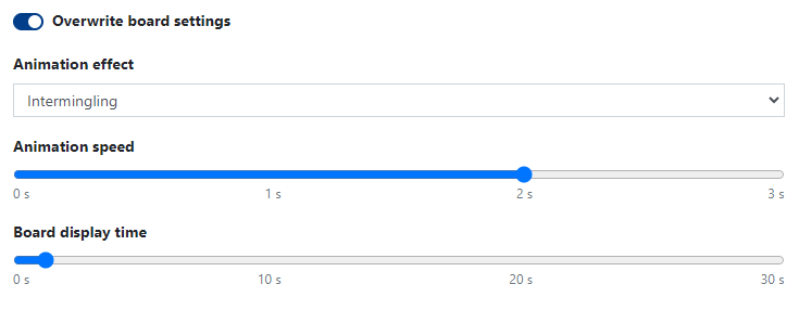 The "Overwrite board settings" option allows overwriting global animation settings for the Boards Widget