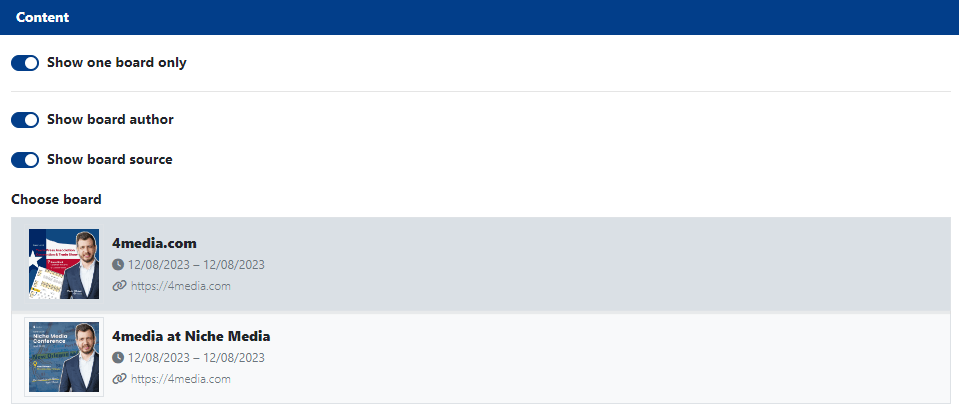 Settings "Show one board only" in the Content section of the Boards Widget