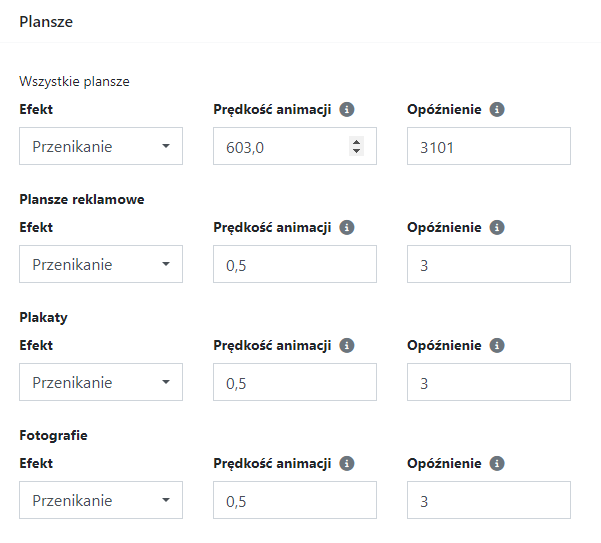 Ustawienia efektów i animacji plansz w CMS 4media znajdziesz w Ustawienia → Plansze