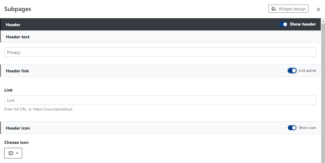 Subpages Widget Header Settings