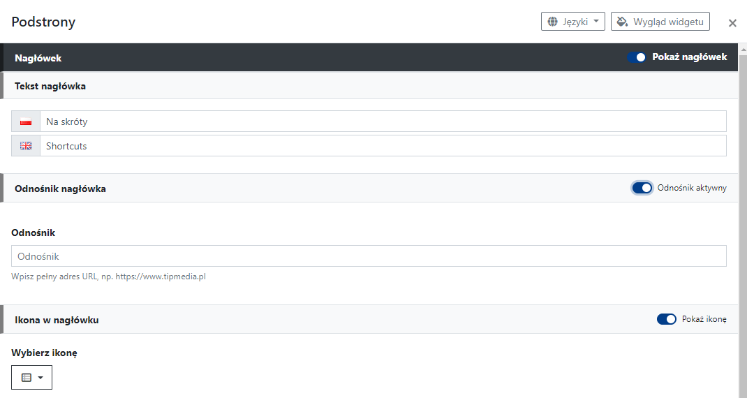 Ustawienia nagłówka widgetu Podstrony