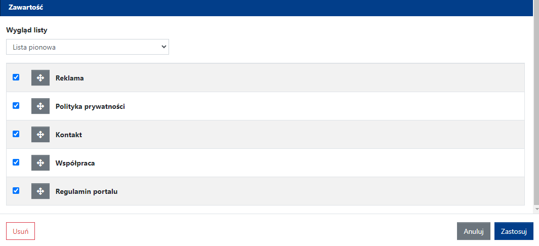 Ustawienia zawartości widgetu Podstrony