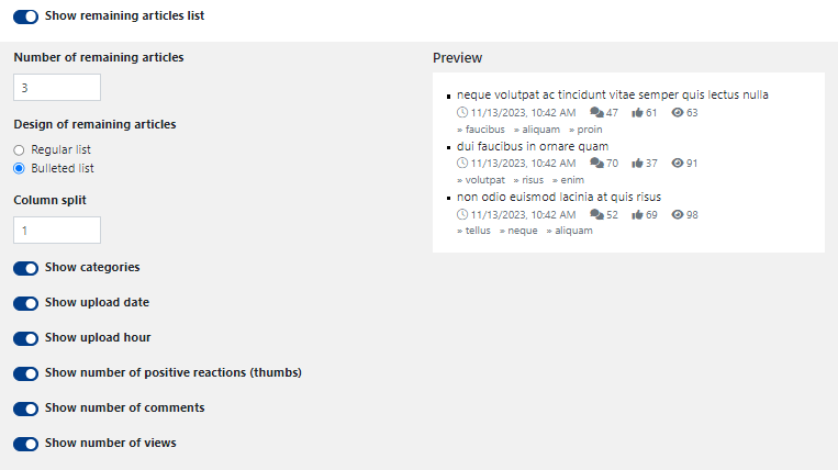 Display Options for "Show List of Other Articles" in the Popular Widget.