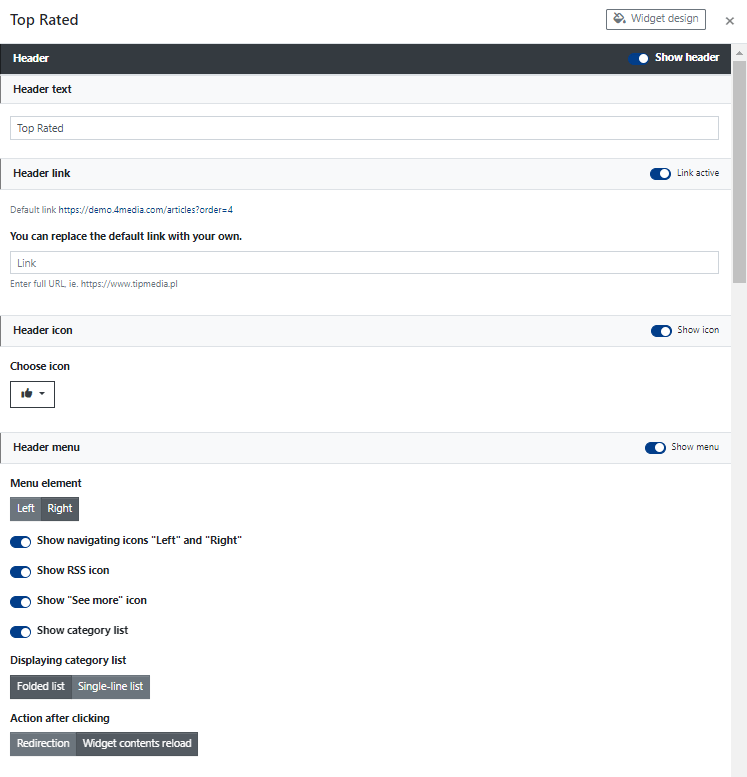 Popular Widget Header Settings.