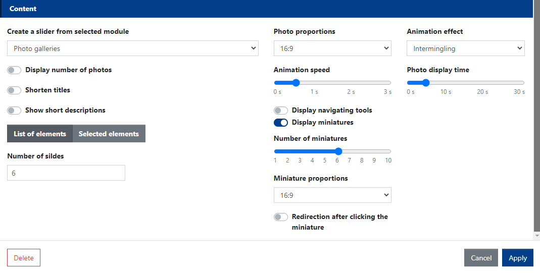 Slider Widget Content Settings for the Articles Module. For other modules, some configuration options may differ or be unavailable.