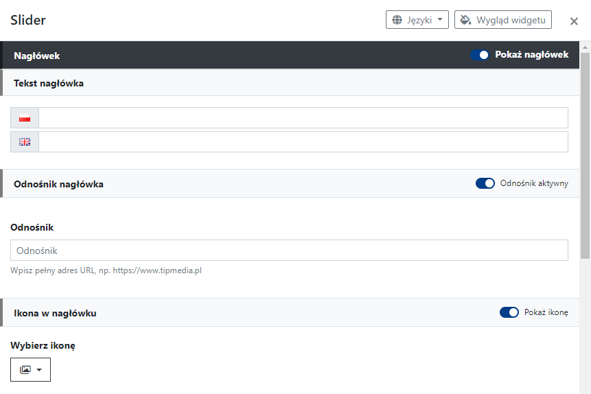 Ustawienia nagłówka widgetu Slider