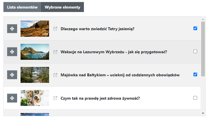 Ustawienia zawartości widgetu Slider - opcja Wybrane elementy pozwala wybrać pojedyncze artykuły, ogłoszenia, czy wpisy firmowe, które będą wyświetlane w Sliderze