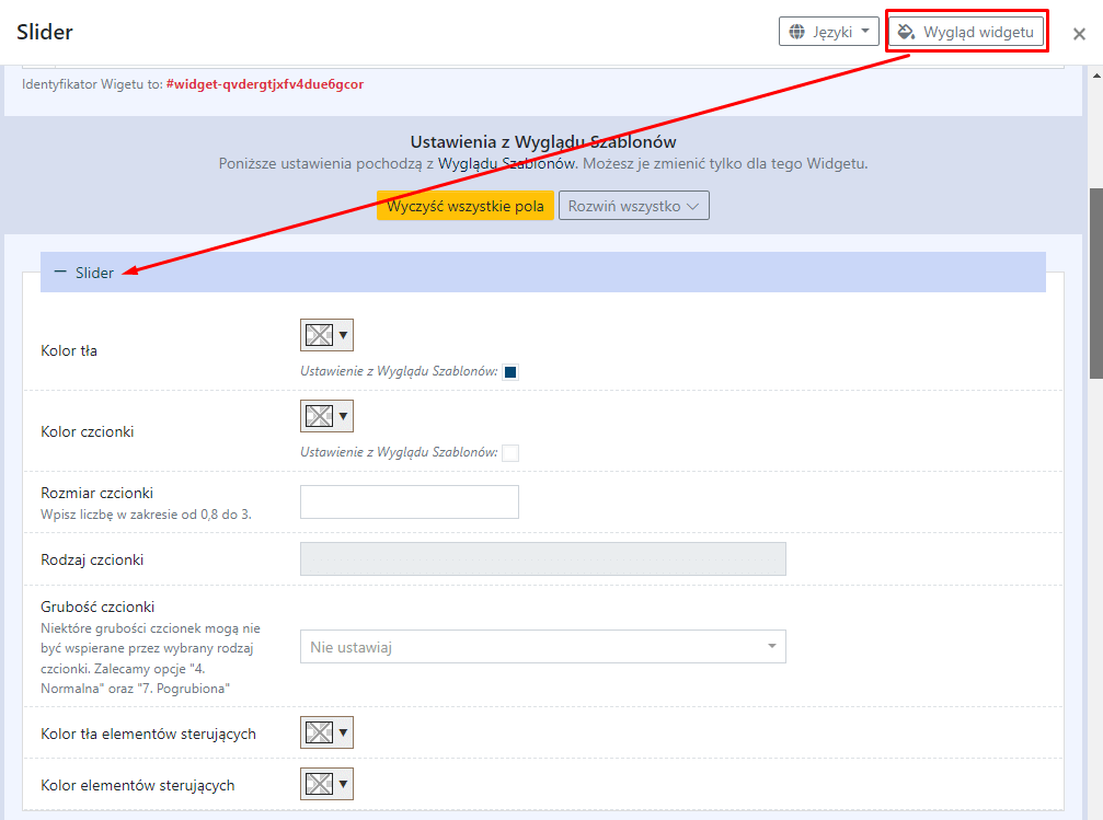 Zaawansowane ustawienia dot. wyglądu widgetu Slider