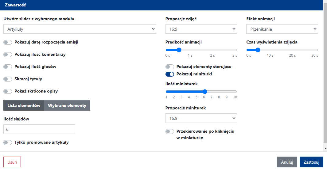 Ustawienia zawartości widgetu Slider dla modułu: Artykuły. Dla pozostałych modułów niektóre opcje konfiguracji mogą się różnić lub być niedostępne