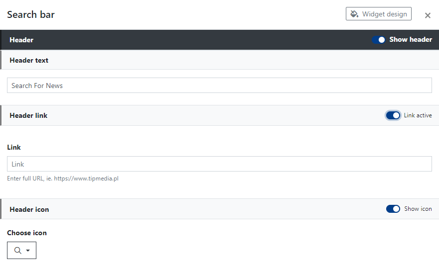 Search Widget Header Settings