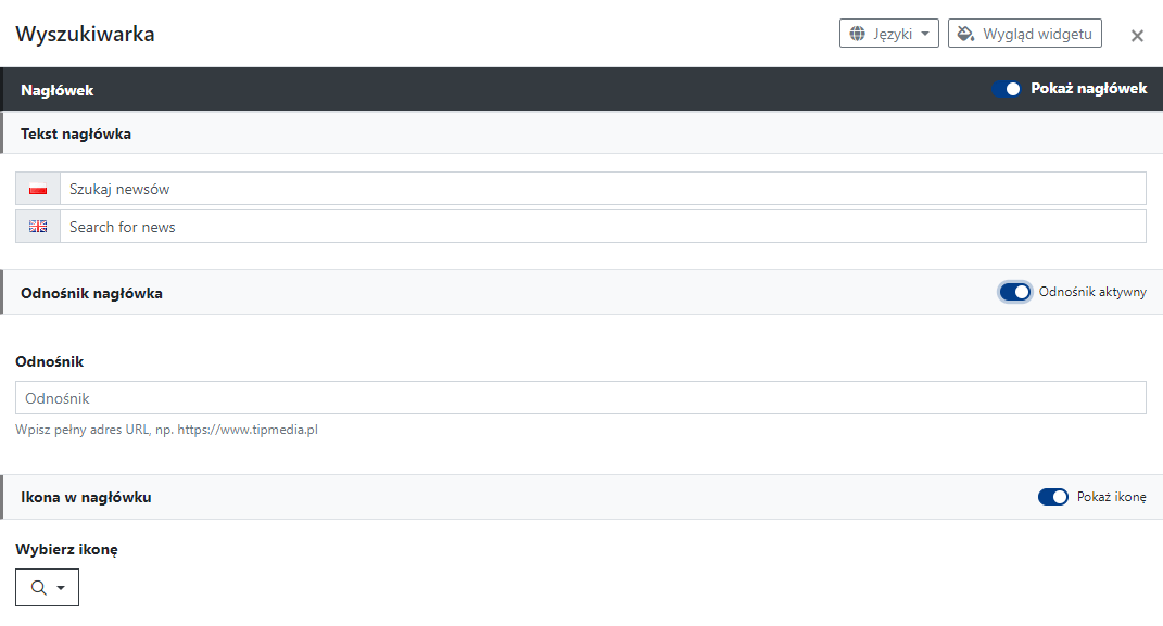 Ustawienia nagłówka widgetu Wyszukiwarka