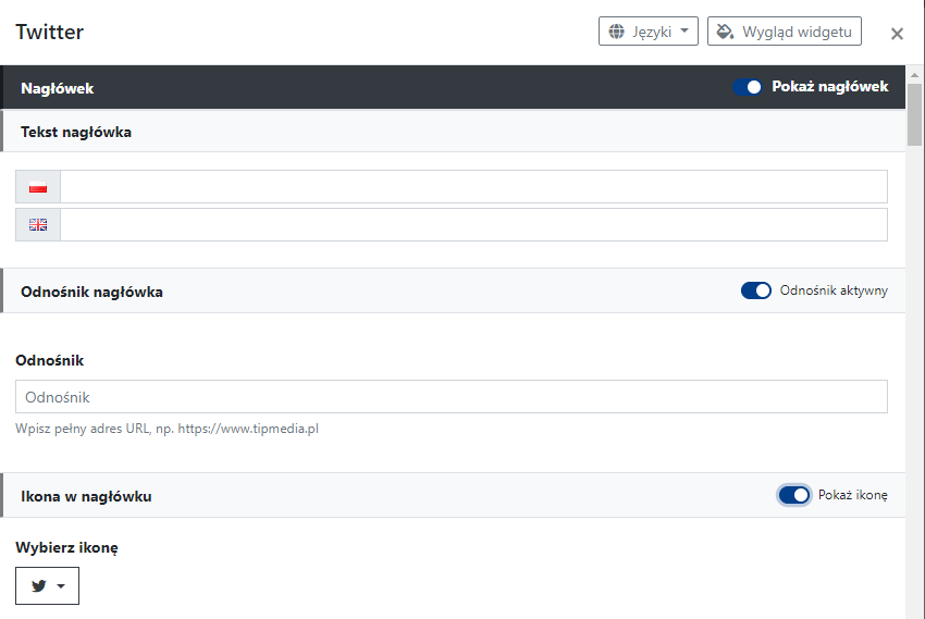 Ustawienia nagłówka widgetu X (Twitter)