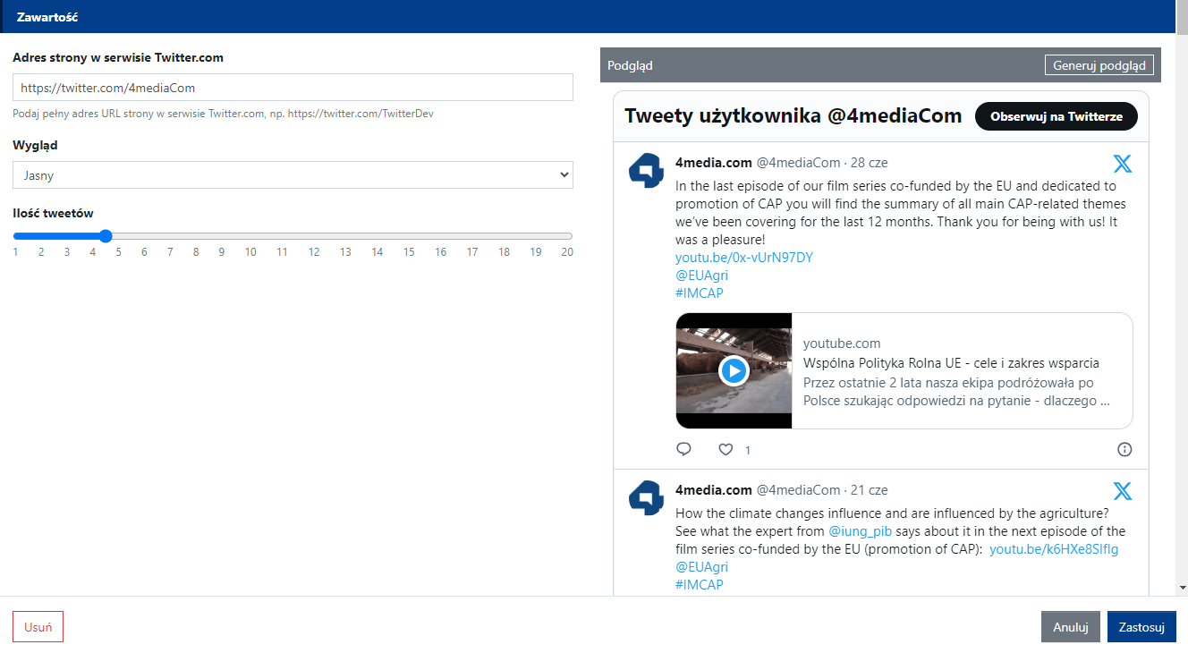 Ustawienia zawartości widgetu X (Twitter)