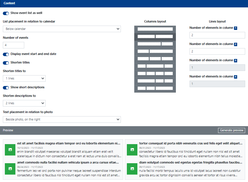 Events Calendar Widget Content Settings