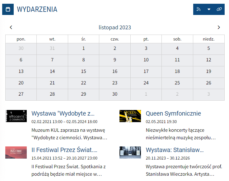 Przykładowy wygląd listy wydarzeń wyświetlanej pod kalendarzem wydarzeń