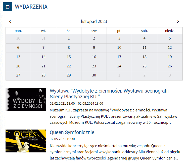 Widget Kalendarz wydarzeń z włączonym wyświetlaniem listy wydarzeń (pod kalendarzem).