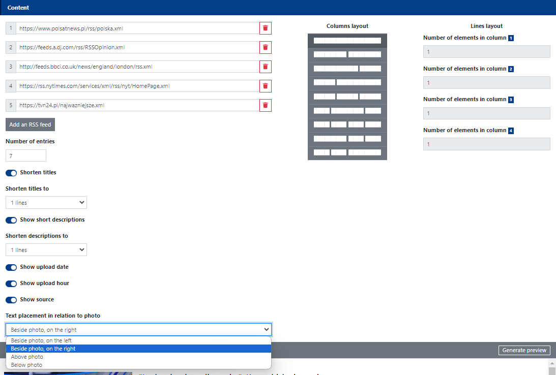 RSS Channels Widget Content Settings