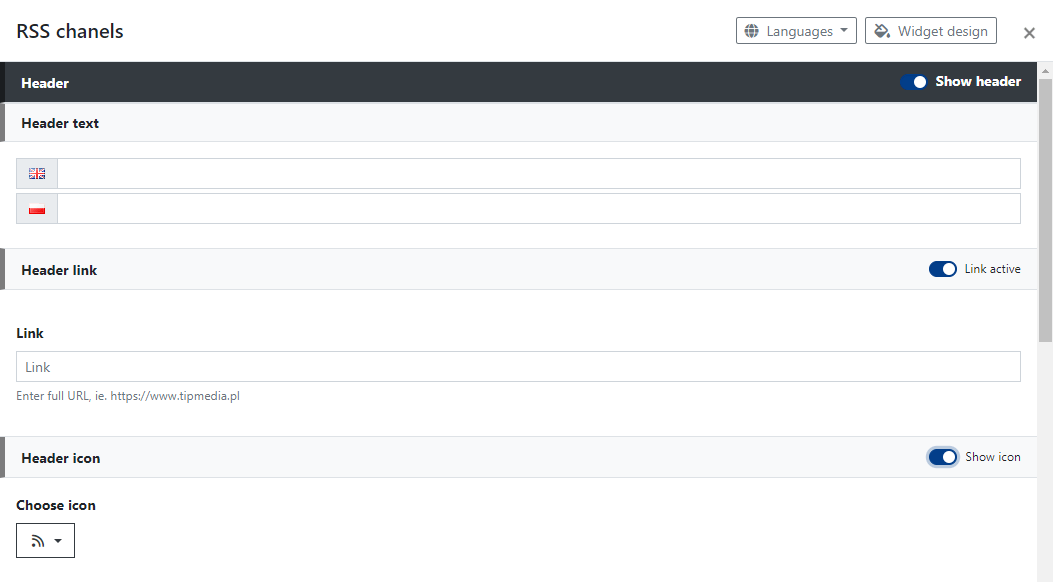 RSS Channels Widget Header Settings