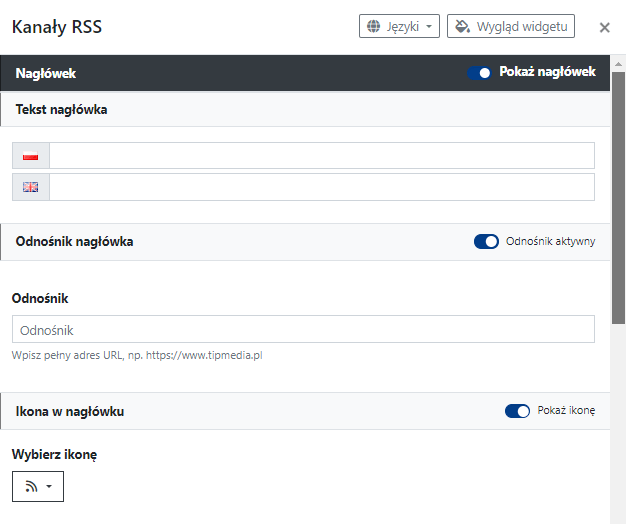 Ustawienia nagłówka widgetu Kanały RSS