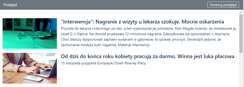 Podgląd artykułów w widgecie Kanały RSS. Ustawienia: 1 kolumna, ilość elementów w kolumnach 1-4 = 1; położenie tekstu wobec zdjęcia: obok zdjęcia po prawej stronie.