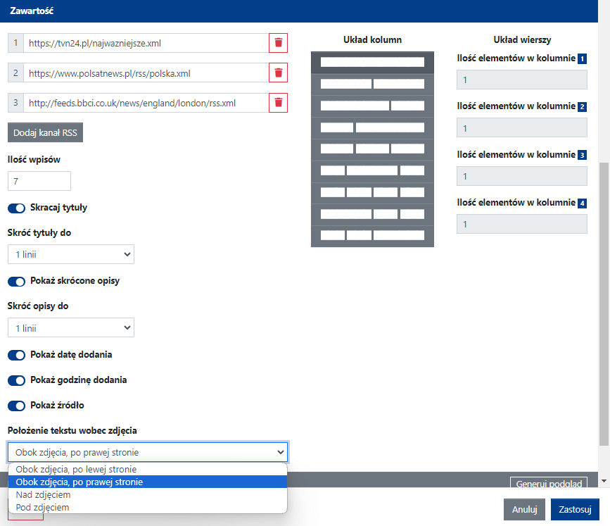 Ustawienia zawartości widgetu Kanały RSS