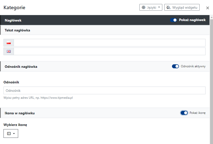 Ustawienia nagłówka widgetu Kategorie