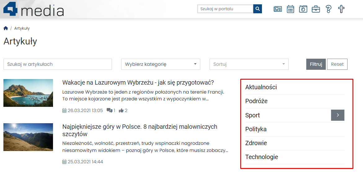 Widget Kategorie (w czerwonej ramce, z wyłączonym wyświetlaniem nagłówka)